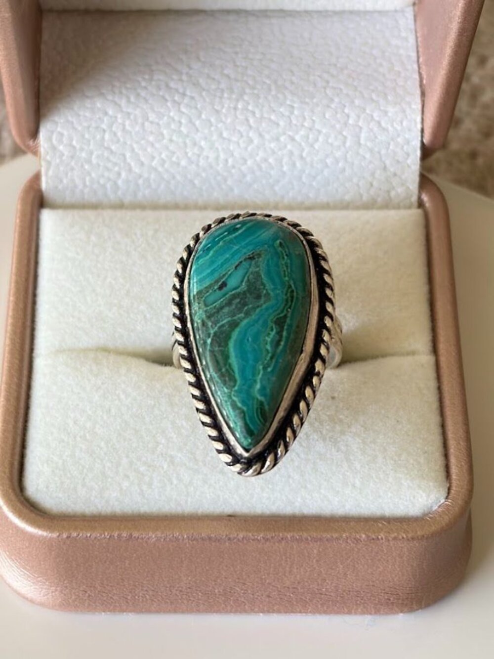 Chrysocolla Teardrop Stone Statement Ring 925 Silver Plated - Size 7 - Picture 2 of 4